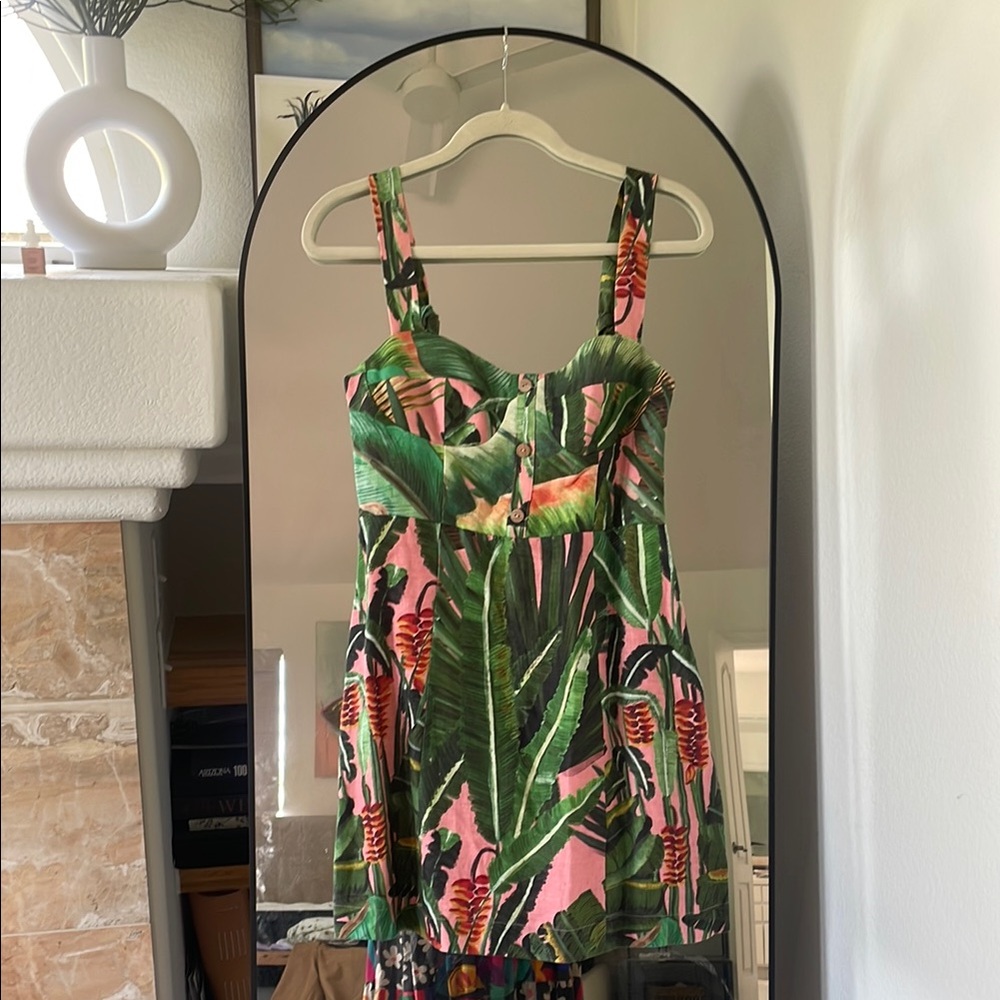 FARM Rio Tropical Green and Pink Mini Dress